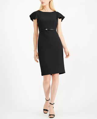 Vestido curto Calvin Klein feminino com babados e bainha nos ombros, preto, tamanho 8, pequeno