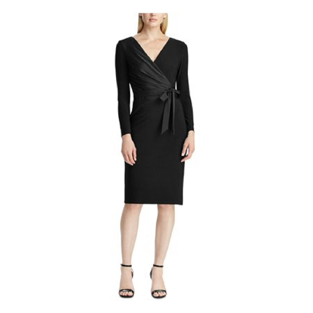 Vestido de coquetel Ralph Lauren feminino, preto, com cinto, manga comprida, decote em V, abaixo do joelho, tamanho 6