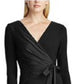 Vestido de coquetel Ralph Lauren feminino, preto, com cinto, manga comprida, decote em V, abaixo do joelho, tamanho 6