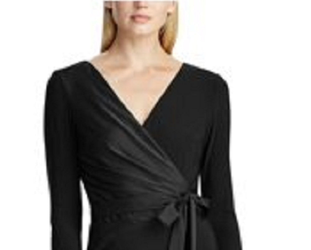 Vestido de coquetel Ralph Lauren feminino, preto, com cinto, manga comprida, decote em V, abaixo do joelho, tamanho 6