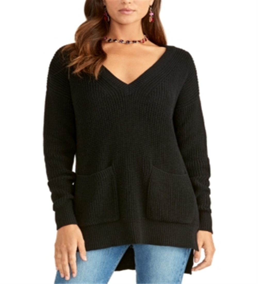 Suéter feminino de malha com decote em V Rachel Roy, preto, tamanho extrapequeno
