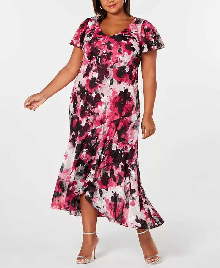 Vestido longo floral rosa com decote em V e manga curta Alex Evenings para mulheres, tamanho 18W