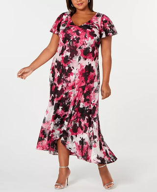 Alex Evenings Women's Pink Floral Short Sleeve V Neck Maxi Hi Lo Dress Pink Size 18W