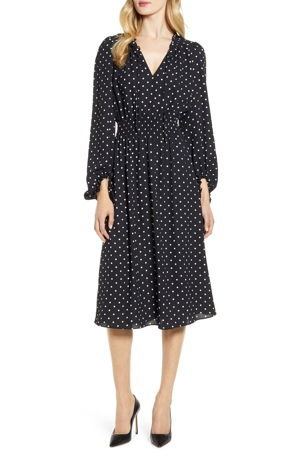 Vestido feminino Anne Klein com estampa de bolinhas e cintura franzida, preto, tamanho extrapequeno