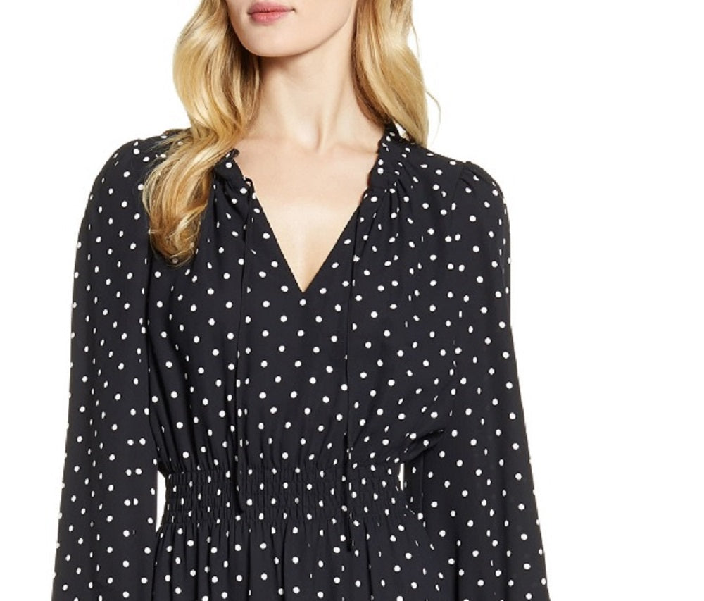 Vestido feminino Anne Klein com estampa de bolinhas e cintura franzida, preto, tamanho extrapequeno