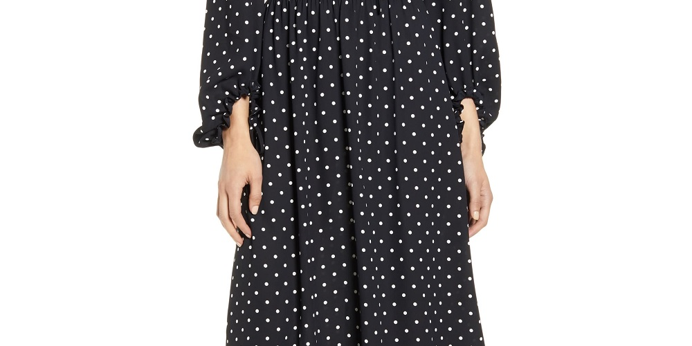 Vestido feminino Anne Klein com estampa de bolinhas e cintura franzida, preto, tamanho extrapequeno
