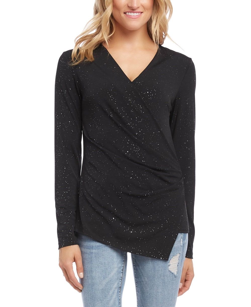Karen Kane Blusa feminina preta de manga comprida e decote em V, tamanho grande