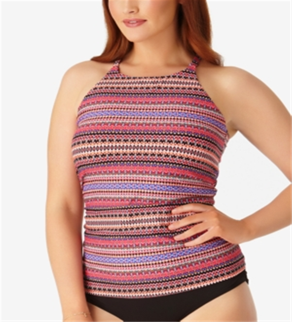 Anne Cole Plus Size Stevie Listrado Top Tankini de Gola Alta Maiô Feminino Rosa Tamanho 18W