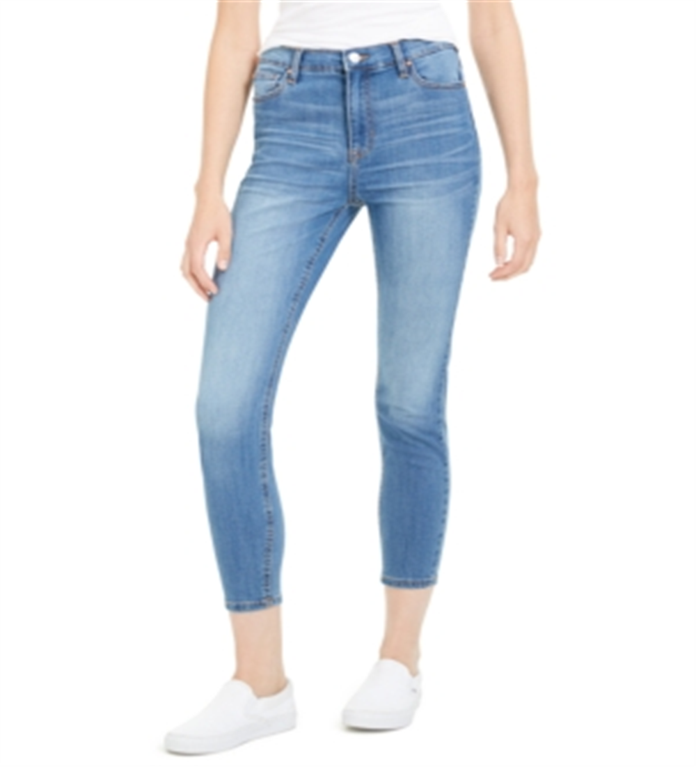 Calça jeans skinny feminina rosa celebridade, cintura alta, azul, tamanho 7