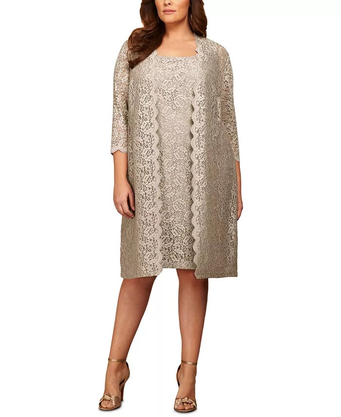 Vestido justo feminino Alex Evenings Plus Size com renda e glitter dourado, tamanho 14W