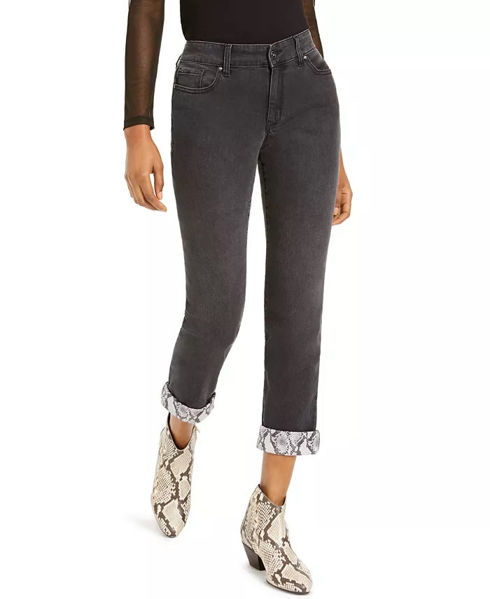 Calça jeans feminina estilo boyfriend com punho de cobra da INC International Concepts, preta, tamanho 0