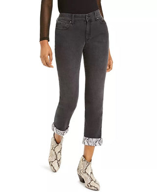 Calça jeans feminina estilo boyfriend com punho de cobra da INC International Concepts, preta, tamanho 0