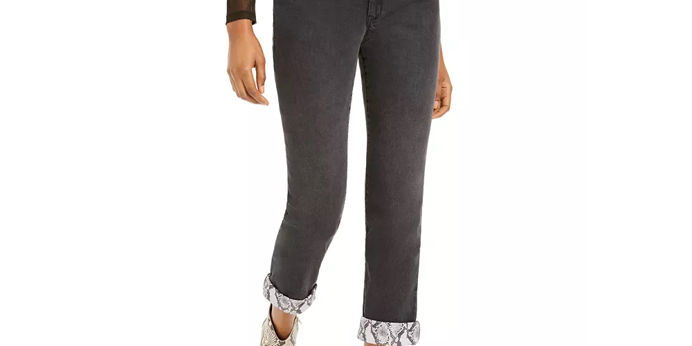 Calça jeans feminina estilo boyfriend com punho de cobra da INC International Concepts, preta, tamanho 0