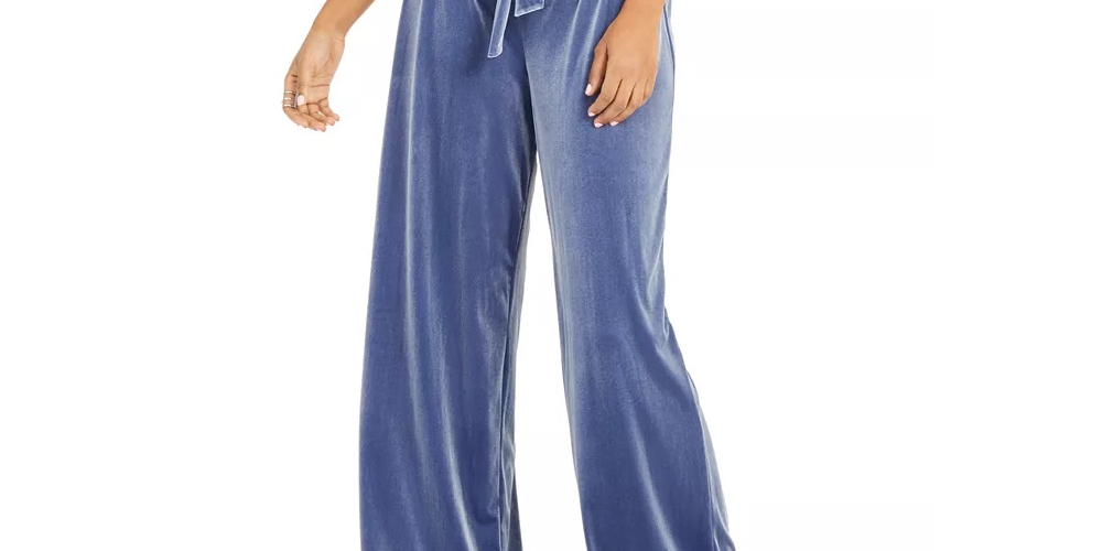 Calça feminina de veludo com perna larga Paperbag, azul, tamanho XX-G