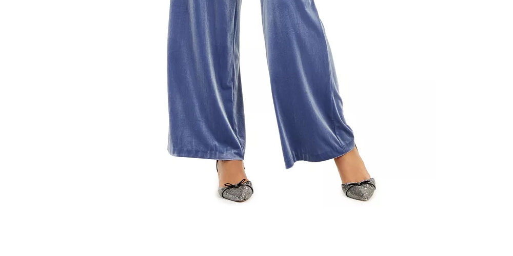 Calça feminina de veludo com perna larga Paperbag, azul, tamanho XX-G