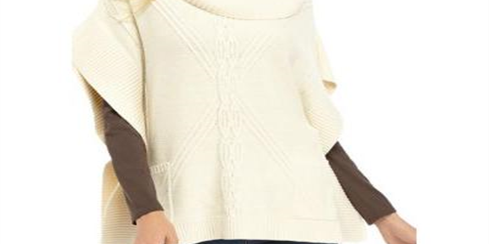 Poncho feminino Anne Klein com decote canoa e pontos mistos, branco pérola, tamanho 2XS