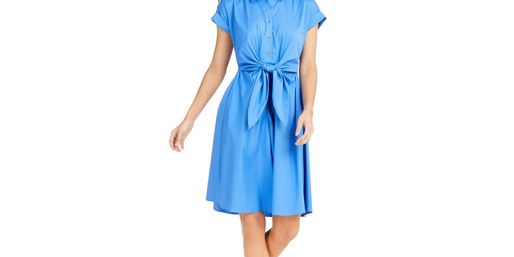 Vestido feminino Charter Club de algodão com amarração na cintura e ajuste evasê, azul, tamanho 4