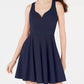 Vestido feminino B Darlin A-Line com decote em V e costas abertas, azul, tamanho 15/16