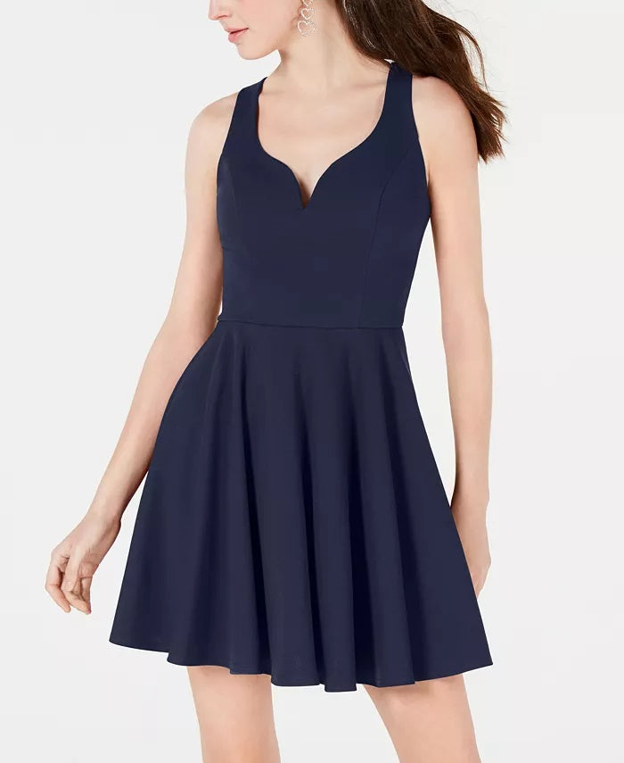 Vestido feminino B Darlin A-Line com decote em V e costas abertas, azul, tamanho 15/16