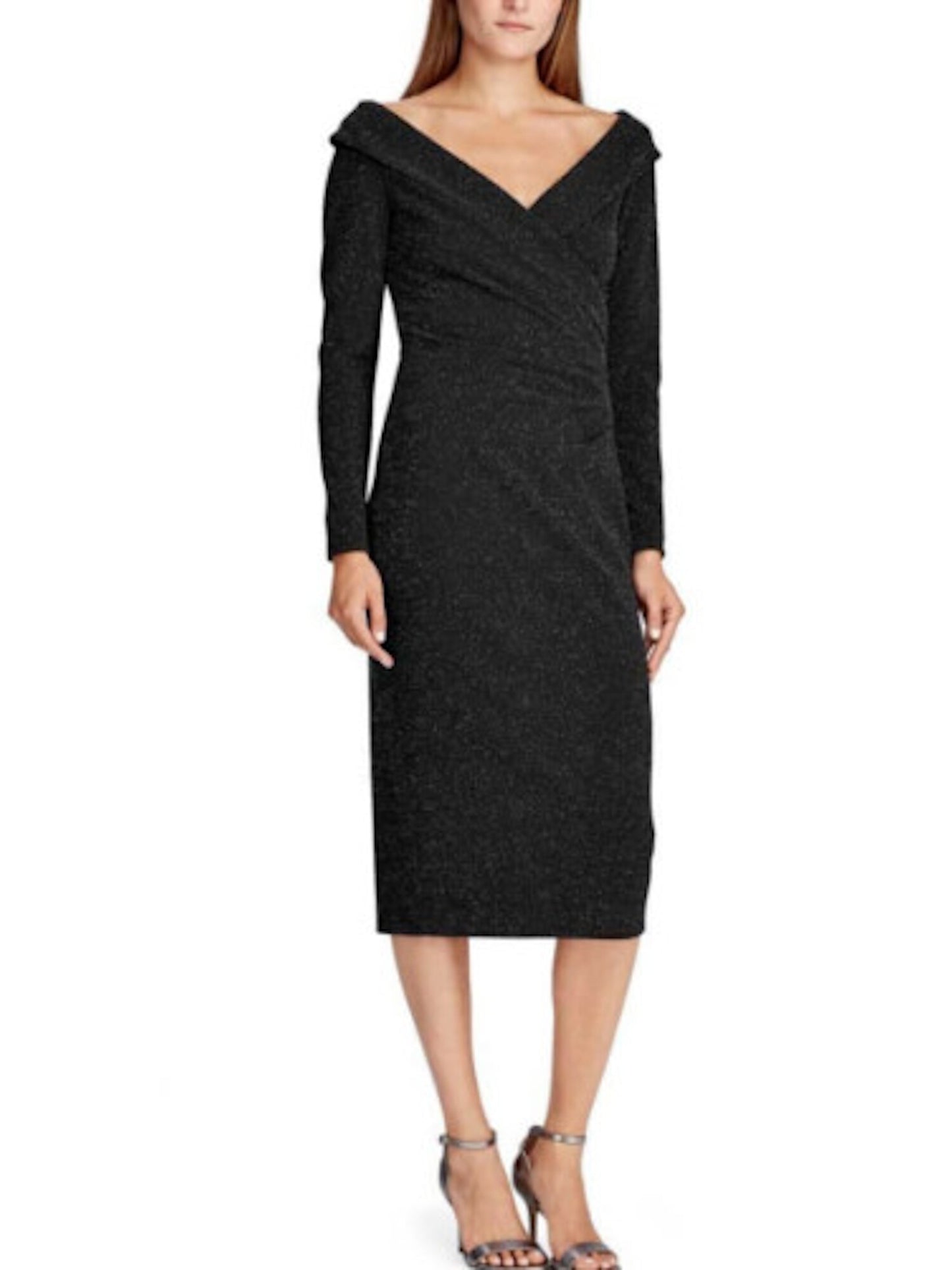 Vestido de festa Ralph Lauren feminino, manga longa, decote em V, abaixo do joelho, preto, tamanho 4