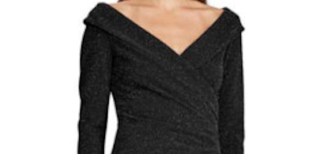 Vestido de festa Ralph Lauren feminino, manga longa, decote em V, abaixo do joelho, preto, tamanho 4