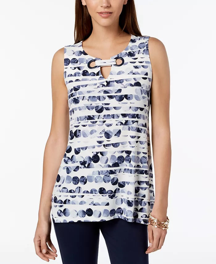 Blusa feminina Alfani com estampa e decote em V, azul, tamanho PL
