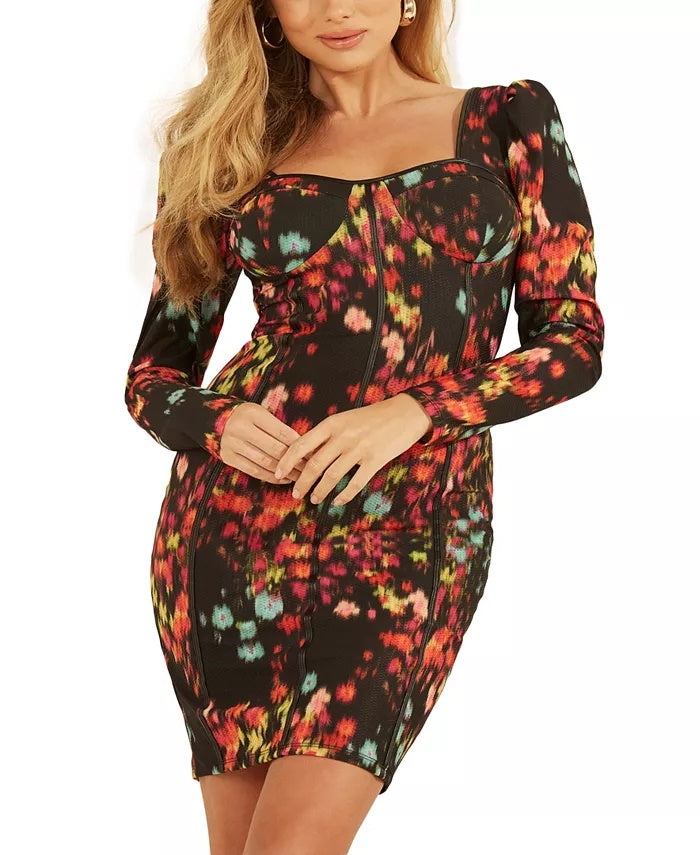 Vestido corpete feminino Rachel com manga bufante e estampa floral borrada, tamanho pequeno