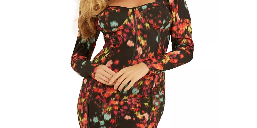 Vestido corpete feminino Rachel com manga bufante e estampa floral borrada, tamanho pequeno