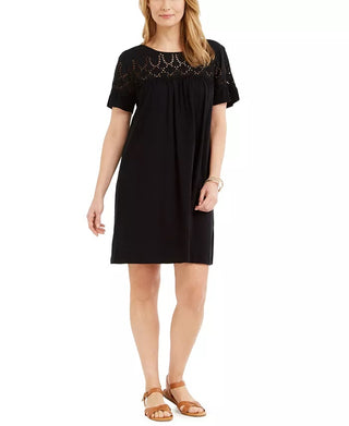 Vestido estilo camiseta feminino com ilhós e mangas esvoaçantes, preto, tamanho grande
