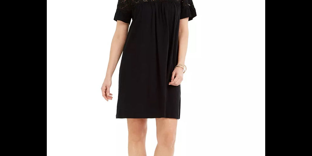 Vestido estilo camiseta feminino com ilhós e mangas esvoaçantes, preto, tamanho grande
