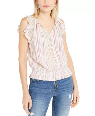 INC International Concepts Women's Striped Smocked Top  White/Blue Size Large