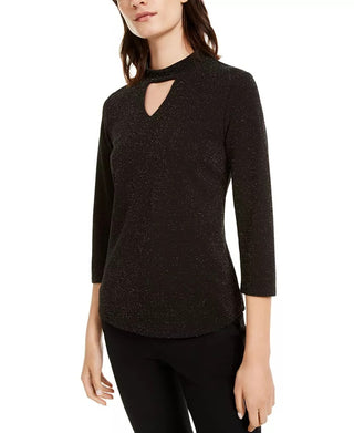 Top metálico feminino Monteau com gola alta, preto, tamanho pequeno, extragrande