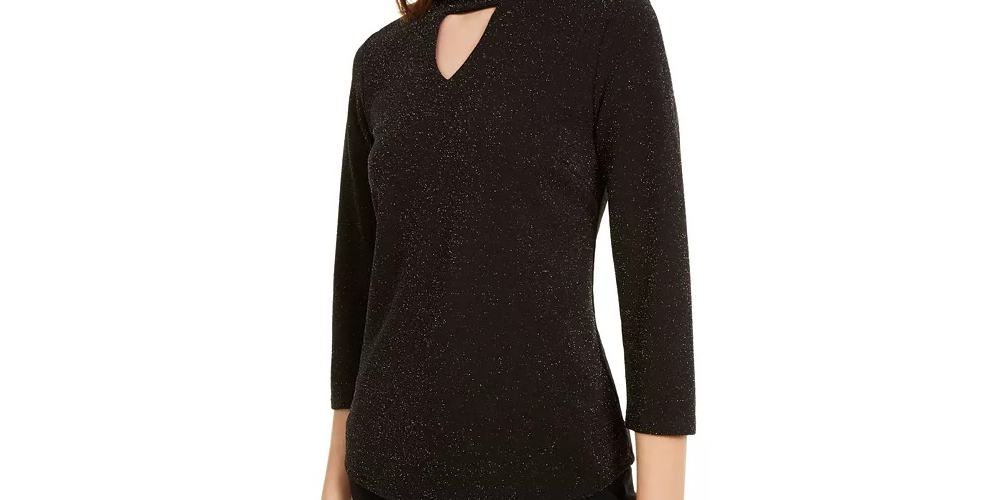 Top metálico feminino Monteau com gola alta, preto, tamanho pequeno, extragrande