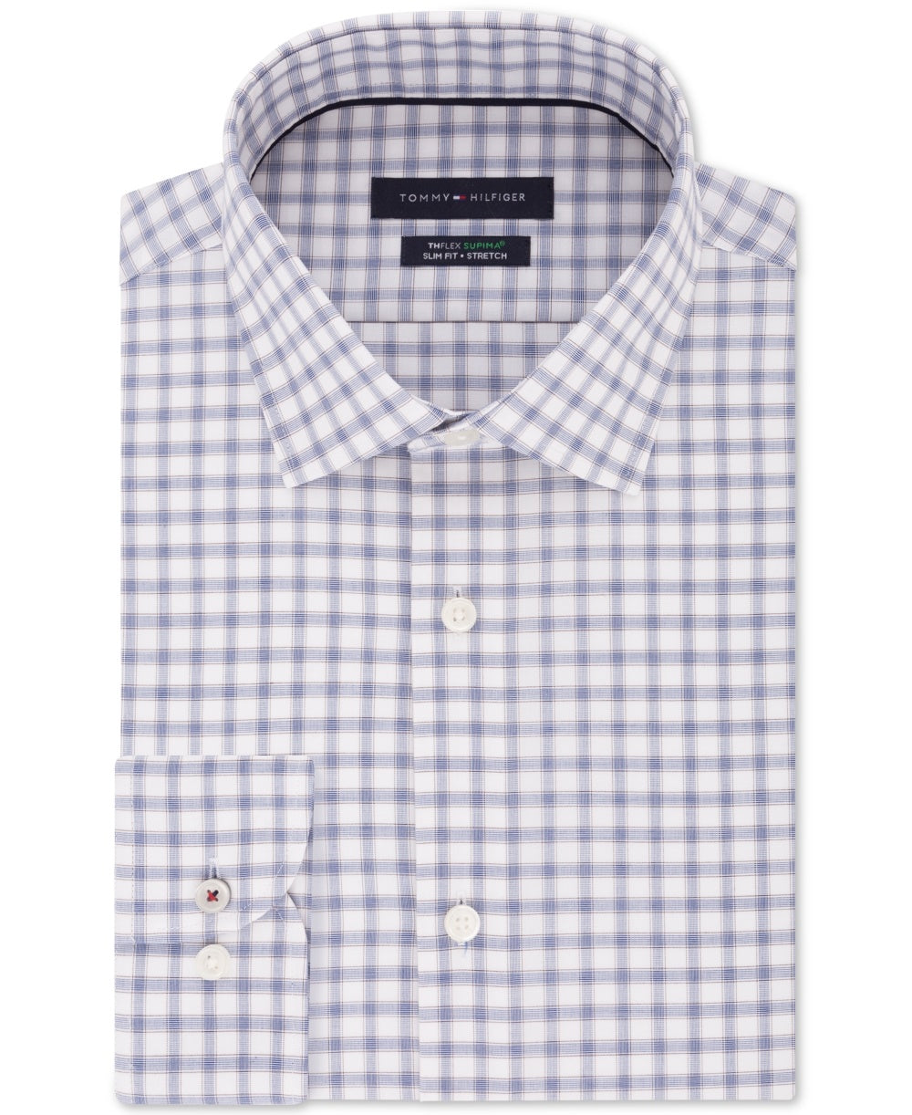 Camisa social masculina Tommy Hilfiger Slim-Fit sem passar a ferro Thflex Supima Performance Stretch Check, tamanho cacau, 15x34-35