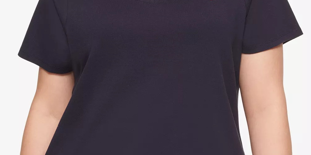 Camiseta feminina Tommy Hilfiger Plus Cotton com decote em V, azul, tamanho 3X