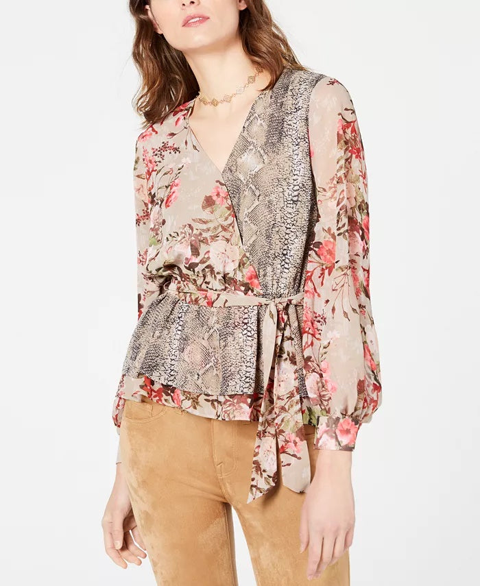 Blusa feminina estampada peplum wrap INC International Concepts, vermelha, tamanho XX-G