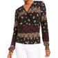 American Rag Top feminino com renda floral, manga comprida, decote em V, preto, tamanho médio