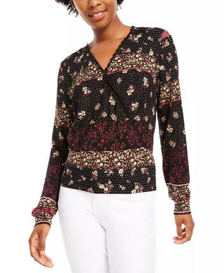 American Rag Top feminino com renda floral, manga comprida, decote em V, preto, tamanho médio