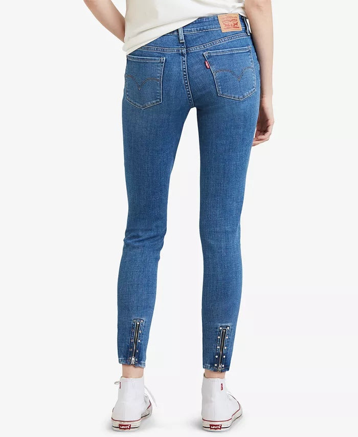 Calça jeans skinny Levi's 711 com zíper e detalhes em tachas, azul, tamanho 32, feminina
