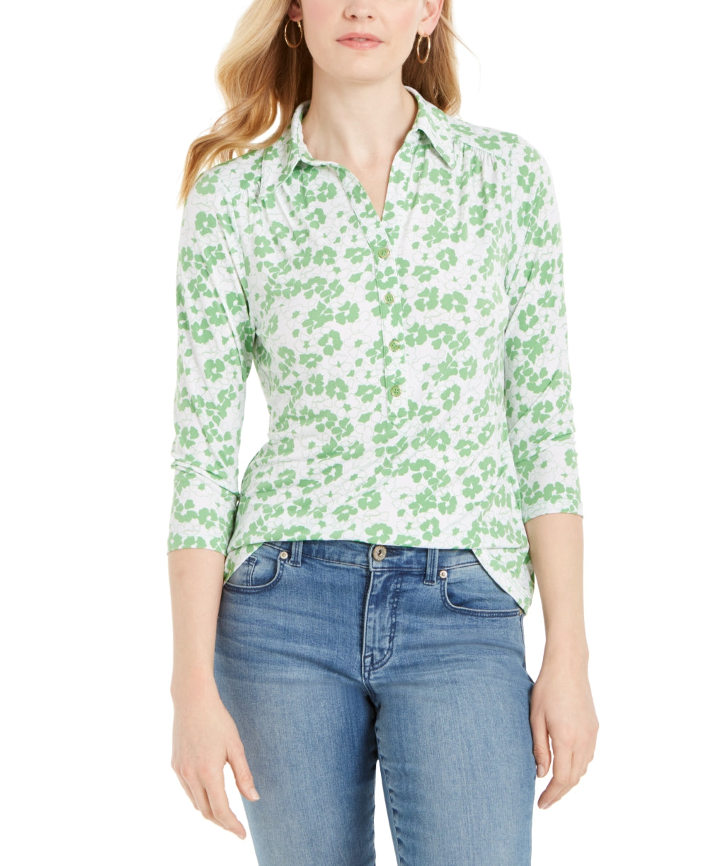 Camisa polo feminina estampada com manga 3/4 Charter Club, verde, tamanho XXG