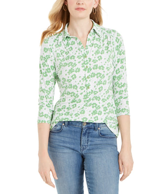 Camisa polo feminina estampada com manga 3/4 Charter Club, verde, tamanho XXG