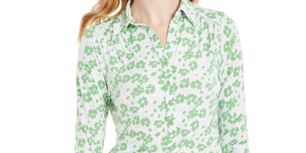 Camisa polo feminina estampada com manga 3/4 Charter Club, verde, tamanho XXG
