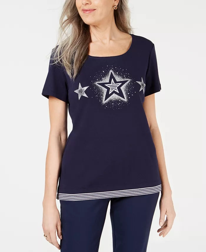 Blusa feminina Karen Scott de algodão com estampa de estrela, azul, tamanho pequeno
