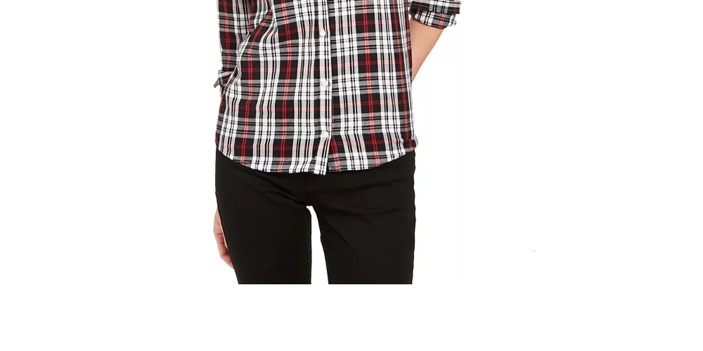 Camisa xadrez de algodão feminina Charter Club com botões, preta, tamanho pequeno e pequeno