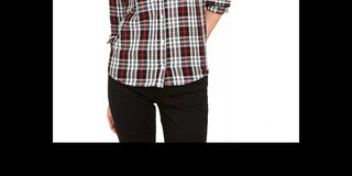 Camisa xadrez de algodão feminina Charter Club com botões, preta, tamanho pequeno e pequeno