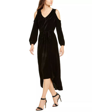 NY Collection Vestido feminino de veludo com ombros descobertos e amarração na cintura, preto, tamanho PXL