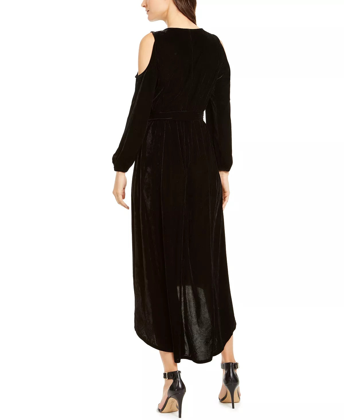 NY Collection Vestido feminino de veludo com ombros descobertos e amarração na cintura, preto, tamanho PXL