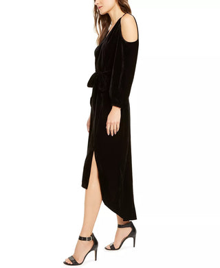 NY Collection Vestido feminino de veludo com ombros descobertos e amarração na cintura, preto, tamanho PXL