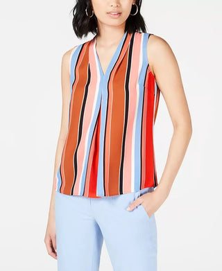 Bar III Women's Striped Inverted Pleat Blouse Brown Multi Size X-Small