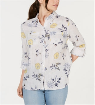 Camisa feminina Charter Club de linho estampada com botões, branca, tamanho pequeno GG